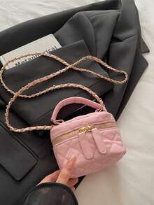 菱形链条斜挎包，时尚百搭手提包，双拉链单肩包 - 粉色 - 查看 5