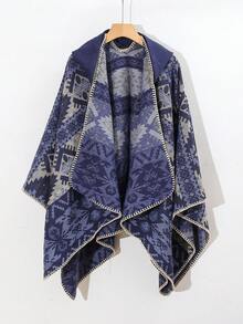 1pc Comfortable Geometric Color Block Jacquard Poncho Shawl - Multicolor - View 9