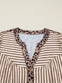 Acelitt Brown Striped & Leopard Print V-Neck Button Casual Short Sleeve Shirt, Spring/Summer - Multicolor - View 5