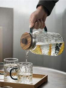 1pc Luxury Green Handle Glass Pitcher, Household Juice/Beverage/Flower Tea Pot, Large Capacity Thick Japanese Style Wooden Lid Hammered Cold Water Pitcher, No Cup Included - Clear - View 9
