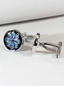 1对时尚珐琅蓝花袖扣，适合休闲场合佩戴 - 藍色 - 查看 1