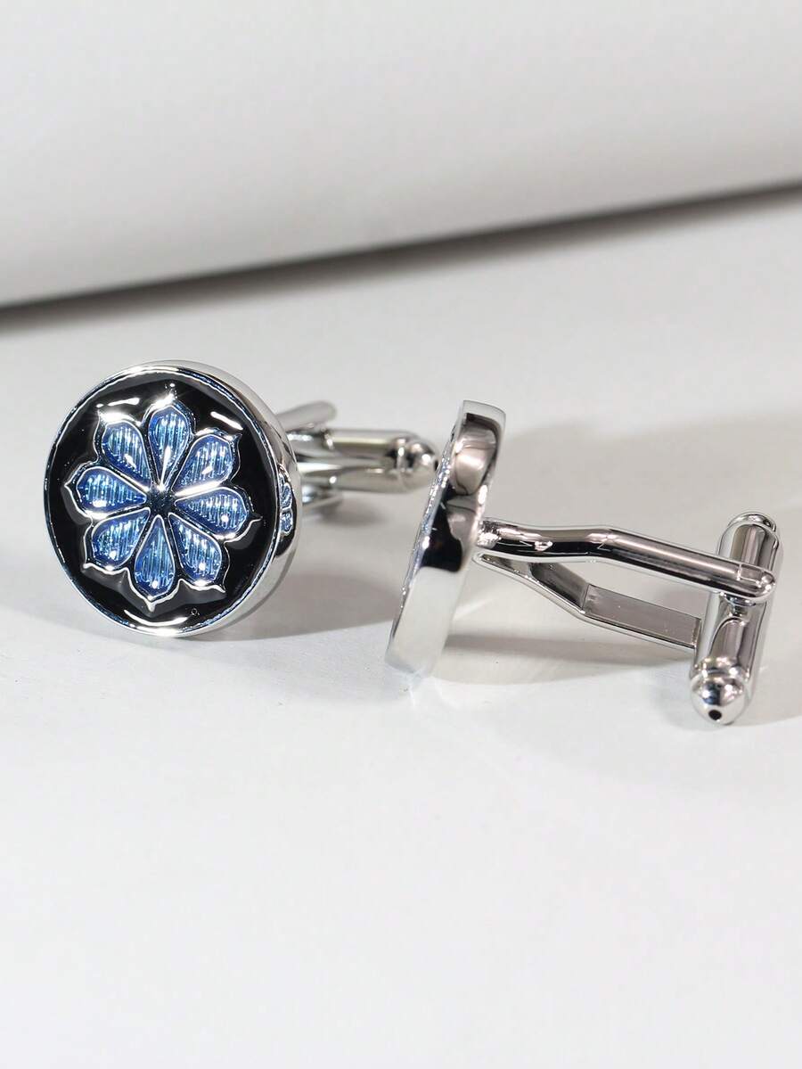 1对时尚珐琅蓝花袖扣，适合休闲场合佩戴 - 藍色 - 查看 1