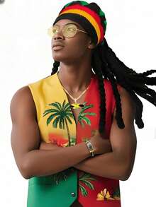 1顶节日派对趣味针织帽，男士非洲牙买加脏辫假发帽，女士角色扮演帽 - 彩色 - 查看 1