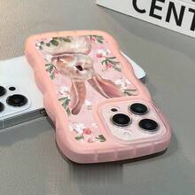 Bunnies 1pc Fashionable Transparent Wavy Irregular Protective Phone Case, Cute Rabbit & Leaf Pattern, Ideal Daily Choice For Women, Compatible With IPhone17Air/17pro/17promax/17/16e/16/15/14/13/12/11/X/Xr/8/7/GalaxyA14/A15/A54/S24/S24Ultra Series - Pink - View 3