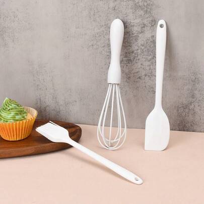 3pcs Heat-Resistant Silicone Baking Set, Including Spatula, Basting Brush, And Hand Whisk, Suitable For Home Baking