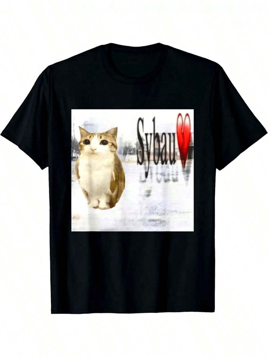 Meowl SYBAU Funny Owl T-Shirt - Cursed Internet Meme With SYBAU Print, Casual Short Sleeve Crew Neck Viral Shirt For Summer Parties & Casual Attire, Meme Outfit Essential For Online Humor Fans - 黑色 - 查看 1