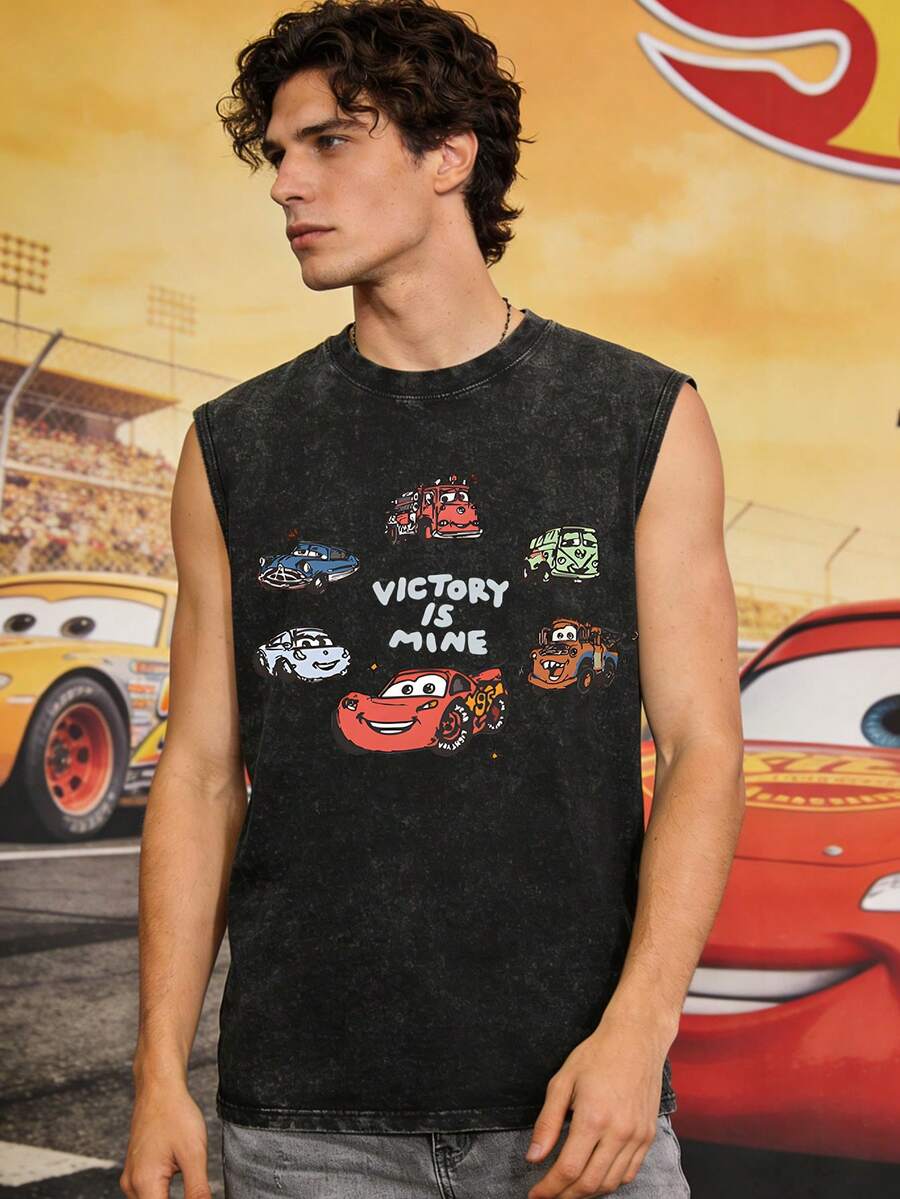 Disney Cars Victory Is Mine 230GSM Vintage Washed Streetwear Tank Top - 黑色 - 查看 1