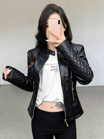 Chaqueta de Piel Sintética Negra para Mujer, Estilo Moto con Cúbicos Matelassé, Cremallera Dorada, Chaqueta Corta Casual para Otoño Invierno