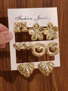 10pcs Fashionable Metallic Flower & Heart Stud Earrings Set, Women's Stylish Earring Jewelry Set, Lightweight CCB Material For Daily Wear - Gold - View 8