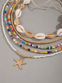1 Set Necklace + 1 Set Bracelet, Bohemian Beach Style Glass Bead & Seashape Necklace Jewelry Set, Suitable For Summer Vacation, Jewelry Gift - Multicolor - View 5