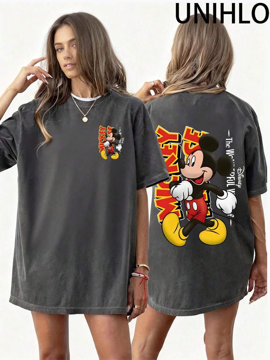 Disney UNIHLO  Mickey  Printed Summer Heavyweight Retro Washed Street Fashion Casual T-Shirt - Black - View 1