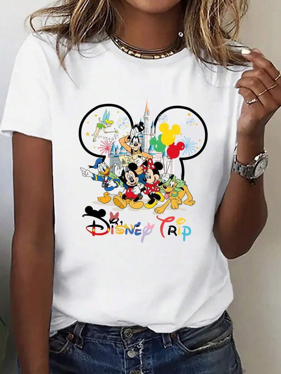 (Loose Version)Mickey Mouse And Friends Disney Trip Graphic Print Cotton T-Shirt For Women Casual Short Sleeve Round Neck Top Short-Sleeved Round Neck Casual Shirt, Suitable For Summer And Spring, Holiday Gift Party Clothing, Ladies Clothing. - 白色 - 查看 1