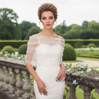 1pc Bridal Faux Pearl Shawl, Off-Shoulder Tie-Up Dress Mesh Arm Cover Wrap, Wedding Bride Accessory