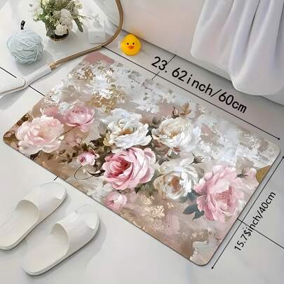 1 pièce Paillasson floral de luxe rose et blanc à motif de roses, résistant à l'usure et durable pour plusieurs scénarios, fabriqué en velours de polyester doux, lavable en machine, de forme rectangulaire convenant à l'entrée, la chambre, la cuisine, la salle de bain, le salon