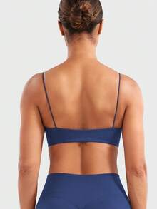 VOYJOY Women Spaghetti Strap Sports Bra Padded Low Support Seamless Impact Cami Square Neck Workout Yoga Bra Crop Top - 海報藍 - 查看 4