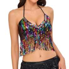 1pc Glitter Fringe Belly Dance Costume Set, Bohemian Vintage Style, Suitable For Festivals, Parties, Nightclubs, Beaches, Exotic Outfit Decor - Multicolor - View 9