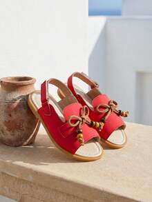 1双女童夏季凉鞋，复古红色蝴蝶串珠设计，魔术贴搭扣，时尚新款儿童凉鞋，适合度假和派对穿着 - 紅色 - 查看 3