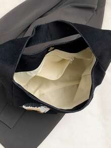 1pc Black Cartoon Cat & Dog All-Over Print + Funny Letter Print Thick Canvas Large Capacity Tote Bag, Casual College Style Shoulder Tote Bag For Daily Commute - Multicolor - View 7