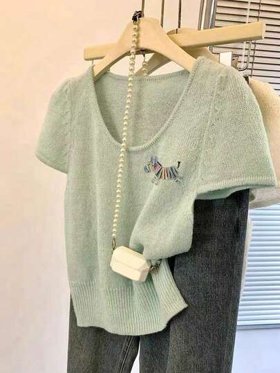 Women's New Green Large Crew Neck Animal Print Knit Short Sleeve Top, Fashionable Casual Minimalist High-End Versatile Basic Daily Comfortable Sweater, Spring And Summer