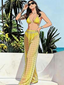 Bộ bikini 3 mảnh chấm bi gợi cảm mới, áo tắm jacquard buộc dây kiểu bohemian, quần short chấm bi vàng, thích hợp cho kỳ nghỉ biển, tiệc bể bơi, lễ tốt nghiệp, tiệc sinh nhật và các dịp khác vào mùa xuân và mùa hè. - Màu vàng - Xem 5