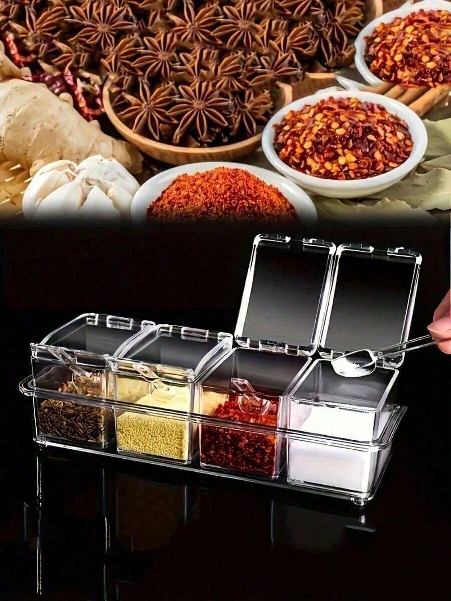 4-Grid Clear Acrylic Spice Storage Organizer With Individual Lids And Spoons, Kitchen Condiment Caddy For Pantry & Countertop