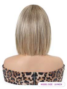 10 Inch Ash Blonde With Golden Highlights Bob Wigs For Women, Machine Made Heat Resistant Synthetic Wig With Bangs - Gold - View 5