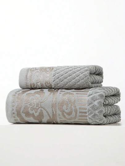 1pc Thin & Lightweight 100% Cotton Bath Towel, 70*140cm Rectangle, Gray Floral Jacquard Pattern, Suitable For Adults, Swimming, Bathing, Kitchen, Face Washing, Hand Drying, Quick Dry, Absorbent, Soft, All Season, Applicable For Bathroom, Kitchen, Travel, Holiday Gift, Gym, Beach, Hotel, Salon, Outdoor