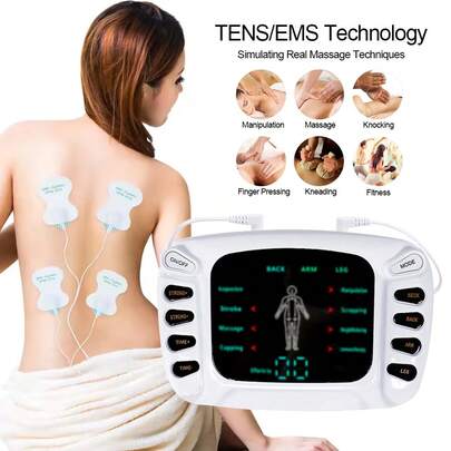 Aparelho de massagem elétrica com dupla saída EMS TENS para fisioterapia, estimulação muscular nas costas, ombros, pernas e braços. Eletroestimulador relaxante com 10 eletrodos TENS.