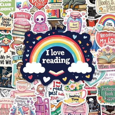 50 PCS I Love Reading Themed Vinyl Stickers Set Colorful Book Lover Decals For Adults Book Club Enthusiasts Journaling Scrapbooking Laptop Water Bottle Notebook Skateboard Luggage Decoration Aesthetic Literary Stickers For Daily Planner Diary Album Craft Projects Bookstore Cafe Decoration Gift For Bookworms Readers Writers Book Huggers For Party Favors DIY Art Crafts School Office Supplies Decoration