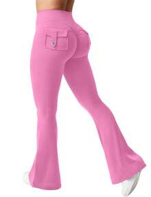 VOYJOY Flare Leggings With Pockets For Women Brittany Leggings Workout Leggings For Women Butt Lifting Gym Yoga Leggings Y2K Summer Clothes For Women - 海棠粉 - 查看 6