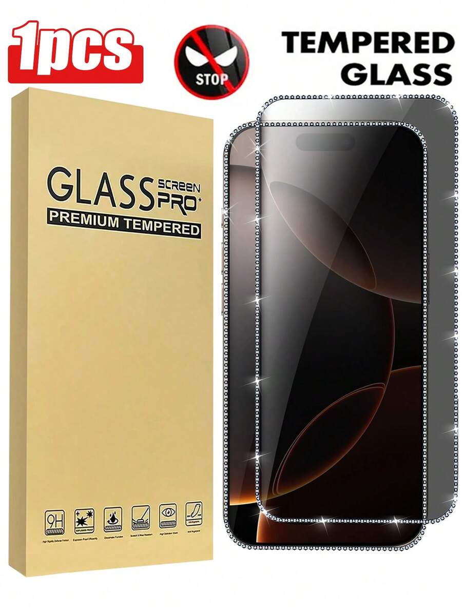 1pc Women's Fashion Privacy Tempered Glass Screen Protector, Compatible With IPhone 18Promax/18Pro/17 Pro Max/17 Pro/17/16 Pro Max/16/16 Pro/16 Plus/15 Pro Max/15/15 Pro/15 Plus/14/13/12/11, Diamond Inlaid 9H High Definition Tempered Glass, Diamond, Birthday Gift, Phone Accessories, Suitable For Phone Cases