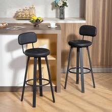 Set Of 2 Bar Stools, Faux Leather Upholstery, Padded Seat, Footrest, Backrest, Metal Frame, Black - Black - View 5
