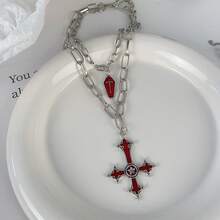 Gothic Style Oil Drop Coffin Cross Necklace, Unique Creative Layered Choker Necklace, Y2K Personalized Accessory - Multicolor - View 8