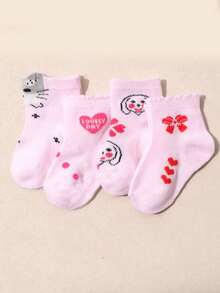 10双装女婴可爱卡通短袜 - 柔软棉混纺，兔子蝴蝶印花婴儿船袜，透气幼儿日常穿着 - 彩色 - 查看 3