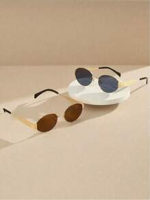 2pcs/Set Summer Fashion Women's Fashion Glasses, Retro Oval Metal Frames, Unisex, Suitable For Casual Wear, Daily Use And Photography - Multicolor - View 4