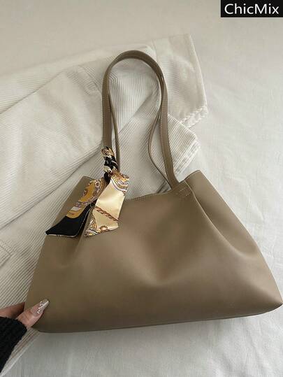 Solid Color New Fashionable Large Capacity Commuting Practical Shoulder Bag With Small Bag, Classic Versatile Scarf Decoration Pleated Women's Handbag, Suitable For Shopping, Wallets, Shopping, Young Women, College Students, Newcomers, White-Collar Workers. They Are Very Suitable For Offices, Universities, Work, Business, Commuting, Outdoor Activities, Travel, And Outings