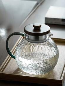 1pc Luxury Green Handle Glass Pitcher, Household Juice/Beverage/Flower Tea Pot, Large Capacity Thick Japanese Style Wooden Lid Hammered Cold Water Pitcher, No Cup Included - Clear - View 6