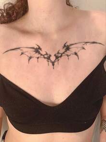 1pc Fashionable Waterproof Y2K Dark Demon Wing Temporary Tattoo, Cyberpunk Mechanical Bat Wing Tattoo Sticker, Waterproof Long-Lasting Collar Chest Tattoo, Cool Edgy Girl One-Time Tattoo Sticker - Black - View 3