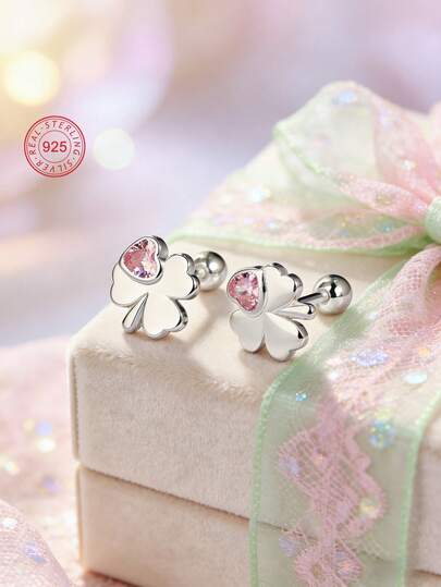 Artepollo 1pc 925 Sterling Silver Hypoallergenic Clover Stud Earrings, Inlaid With Pink Heart-Shaped Cubic Zirconia, Dreamy & Sweet, Gift Box Packaging, Suitable For Daily Or Holiday Wear, Gift For Girls, Friends, Birthday, Christmas, New Year