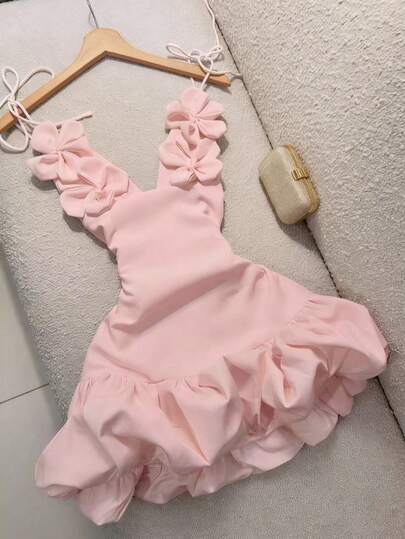 花朵泡泡袖连衣裙，性感花朵泡泡袖连衣裙，手工花朵吊带连衣裙，伴娘礼服，情人节派对、宴会、晚宴等节日礼服