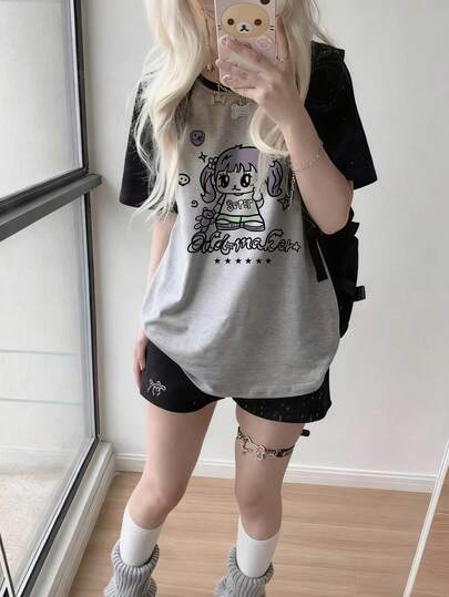 2026 Summer New Casual Loose Pure Cotton Round Neck Contrast Color Patchwork Raglan Sleeve Short Sleeve T-Shirt, Anime Graphic Print, Fashionable Y2K Subculture College Style Top For Women