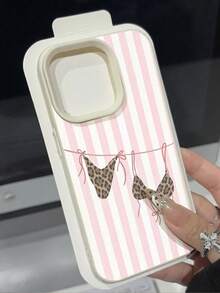 Striped 1pc Summer Limited Edition Pink Vertical Stripe 2-Piece Swimsuit Pattern Lychee Texture TPU Waterproof Shockproof Anti-Slip Soft Phone Case Suitable Compatible With Apple// Phones - Multicolor - View 2