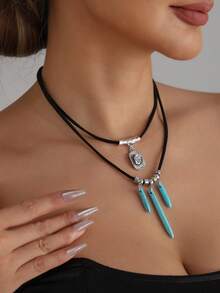 Women's Fashion Western Cowgirl Style Turquoise Cone Necklace, Retro - Turquoise - View 7