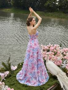 Faeriesty Vestido formal de noche de mujer con parches de malla floral sin tirantes, ajustado - Adecuado para fiesta de cumpleaños, sesión de fotos, gala, cena formal y otras ocasiones, color rosa primaveral para boda - Rosa - Ver 2