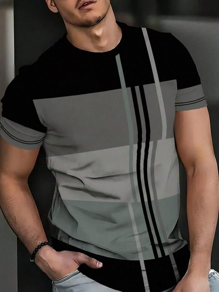 男士3D条纹图案T恤 - 休闲涤纶圆领上衣，可机洗 - 彩色 - 查看 1