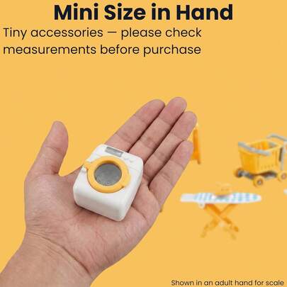 玩具屋洗衣房套装，包括洗衣机、熨斗、吸尘器、置物架和手推车。全套家用玩具屋家具（不含娃娃）。