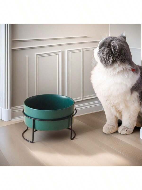 Raised Iron Frame Cat Bowl, Ceramic Integrated Feeding & Drinking Bowl, Anti-Spill