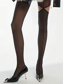 1双女士新款春夏时尚黑色连裤袜，单侧条纹拼接，欧美风格，轻盈性感，适合作为情人节礼物、音乐节和婚礼穿着。 - 黑色 - 查看 2