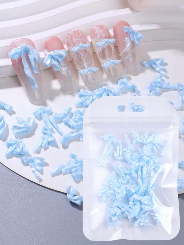50pcs Blue Pink White Bow Nail Art Charms Mixed Styles Ribbon Bow Random Nail Art Jewelry Dreamy Nail Decoration DIY Manicure Salon Gems Accessories