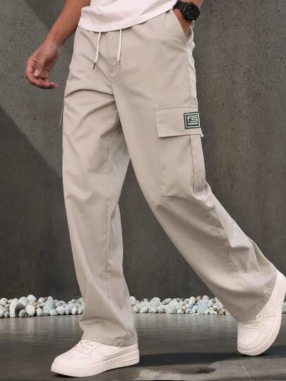 Men's Fashion Cargo Pants, Straight Leg, Elastic Waist, Loose Fit, Solid Color, Single Side Embroidered Logo, Long Pants